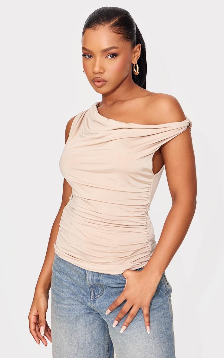 Beige Slinky Asymmetric Cowl Ruched Side Long Top Product Image