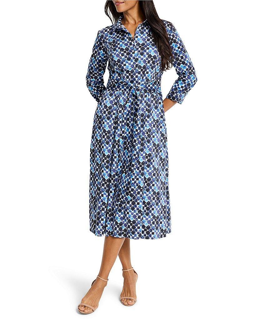 NIC + ZOE Blue Bauble Print Front Button Collar 3/4 Sleeve Shirt Dress Product Image
