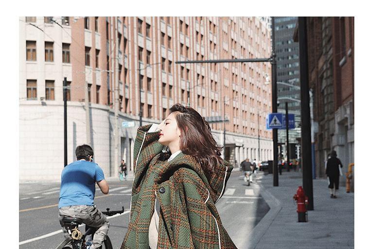 Plaid Contrast Trim Hooded Long Coat Product Image