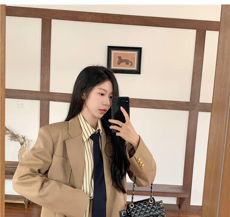 Lapel Collar Plain Single Breasted Blazer / Long-Sleeve Collared Neck Tie Striped Mini Shirt Dress Product Image