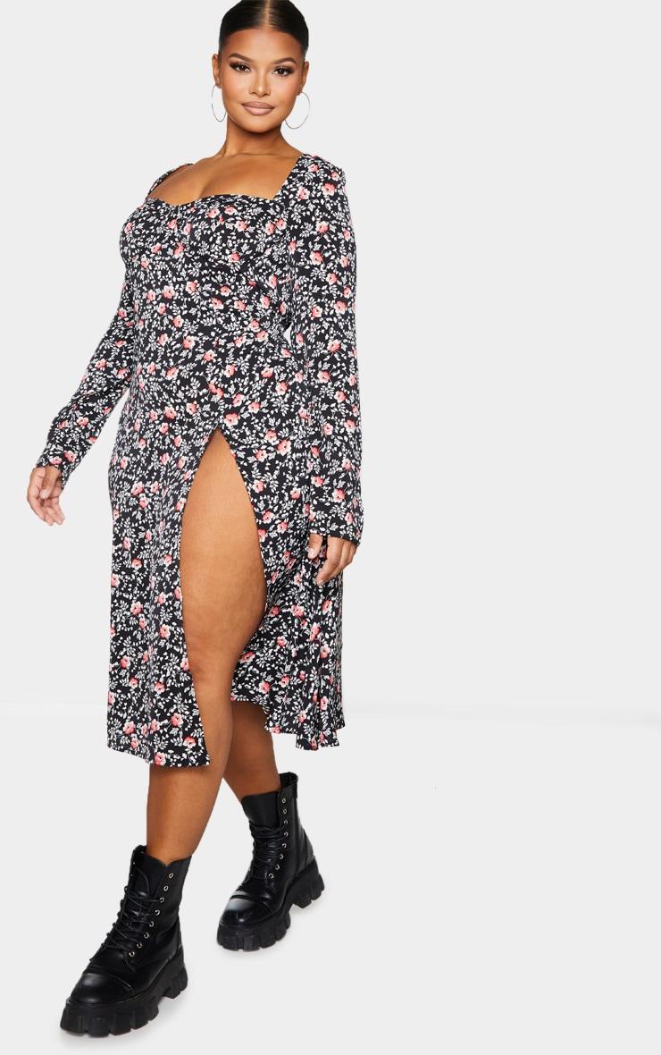 Plus Black Floral Print Cupped Split Detail Midi Dress Product Image