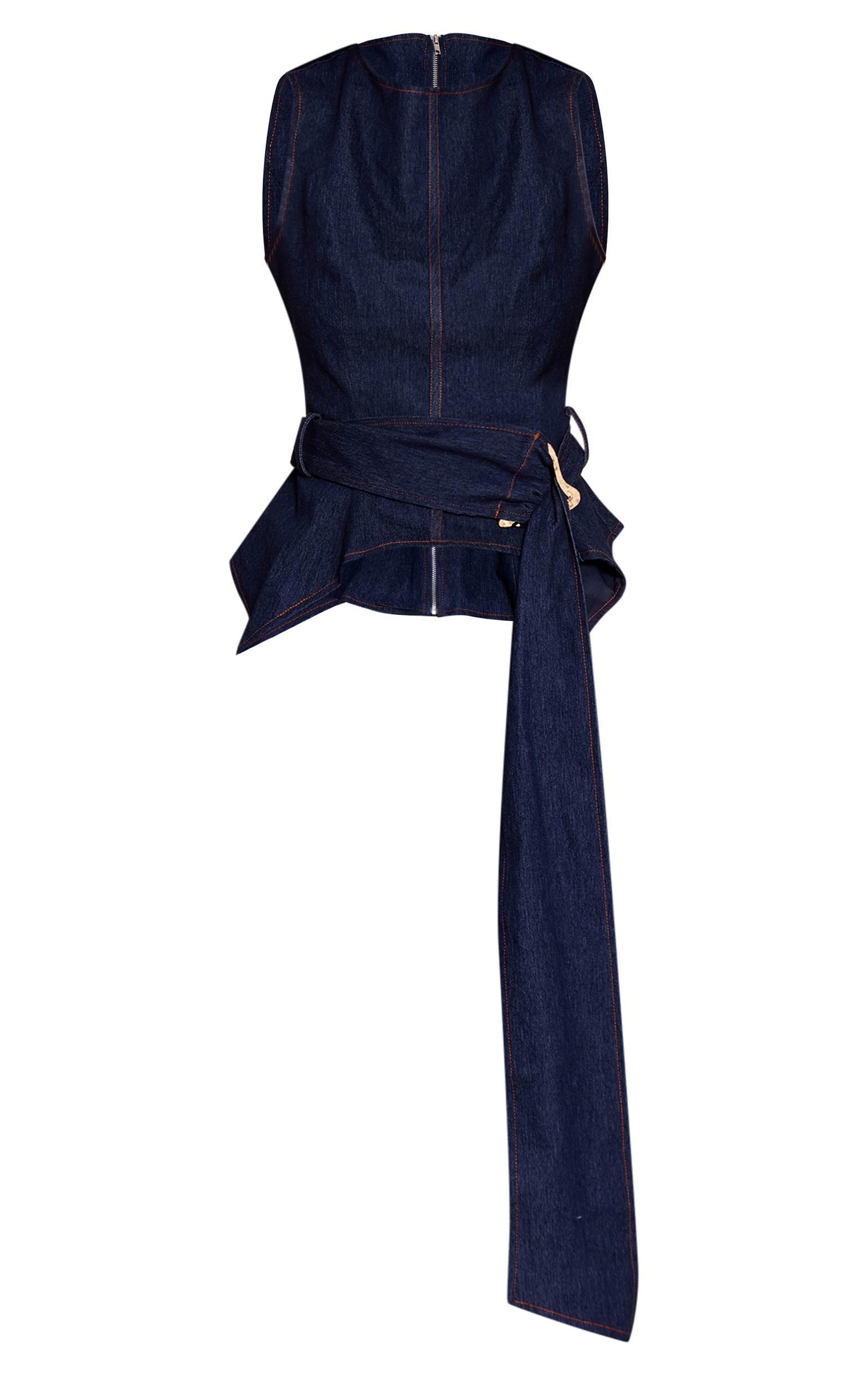 Indigo Blue Chambray Denim Belted Trim Detail Peplum Top Product Image