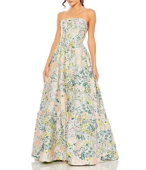 Mac Duggal Strapless Floral Brocade Tiered Ball Gown Product Image