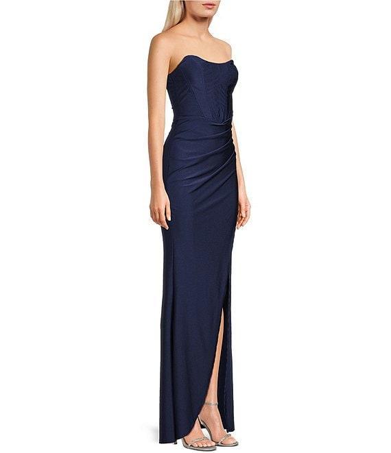 Honey and Rosie Strapless Corset Bodice Front Slit Dress Product Image