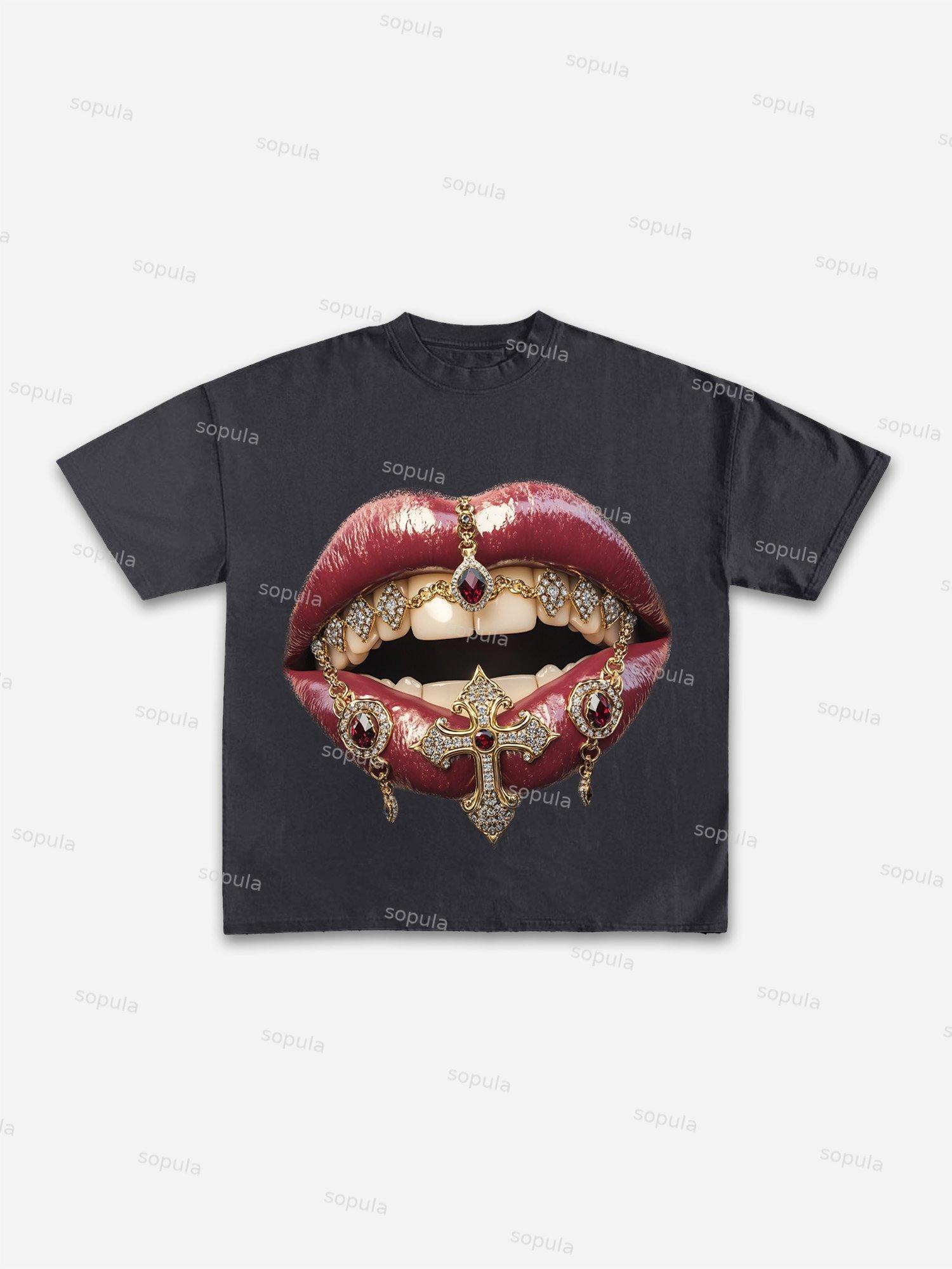 Lips Cross Diamond Print Cotton T-shirt Product Image