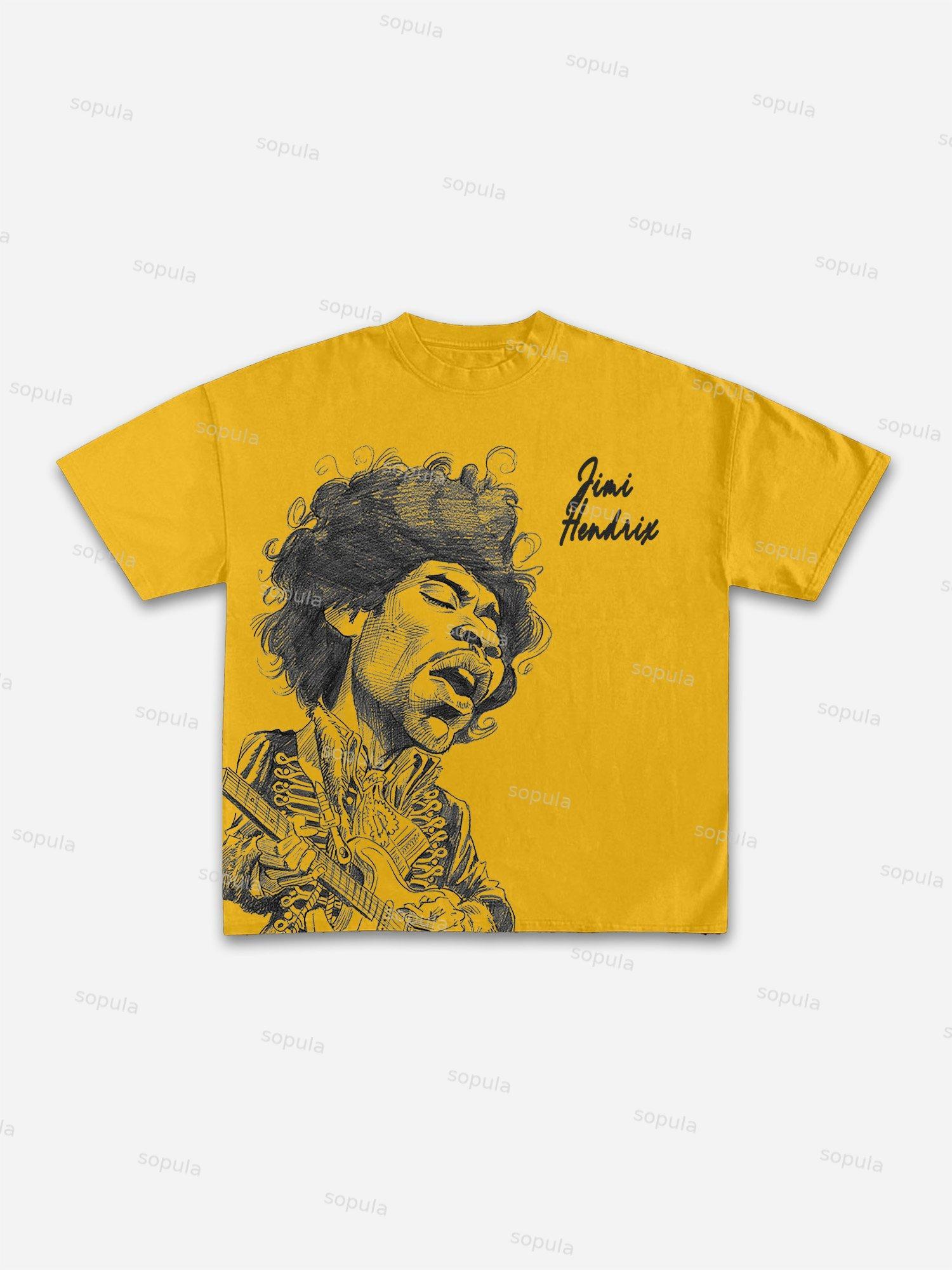 Jimi Hendrix Print Casual Cotton T-shirt Product Image