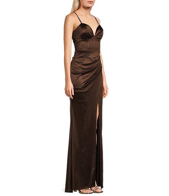 Honey and Rosie Sateen V-Neck Pleated Mermaid Gown Product Image