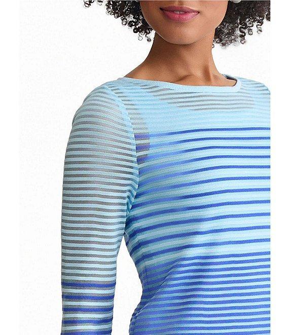 Ming Wang Sheer Stripe Knit Boat Neck 3/4 Sleeve Tunic Product Image