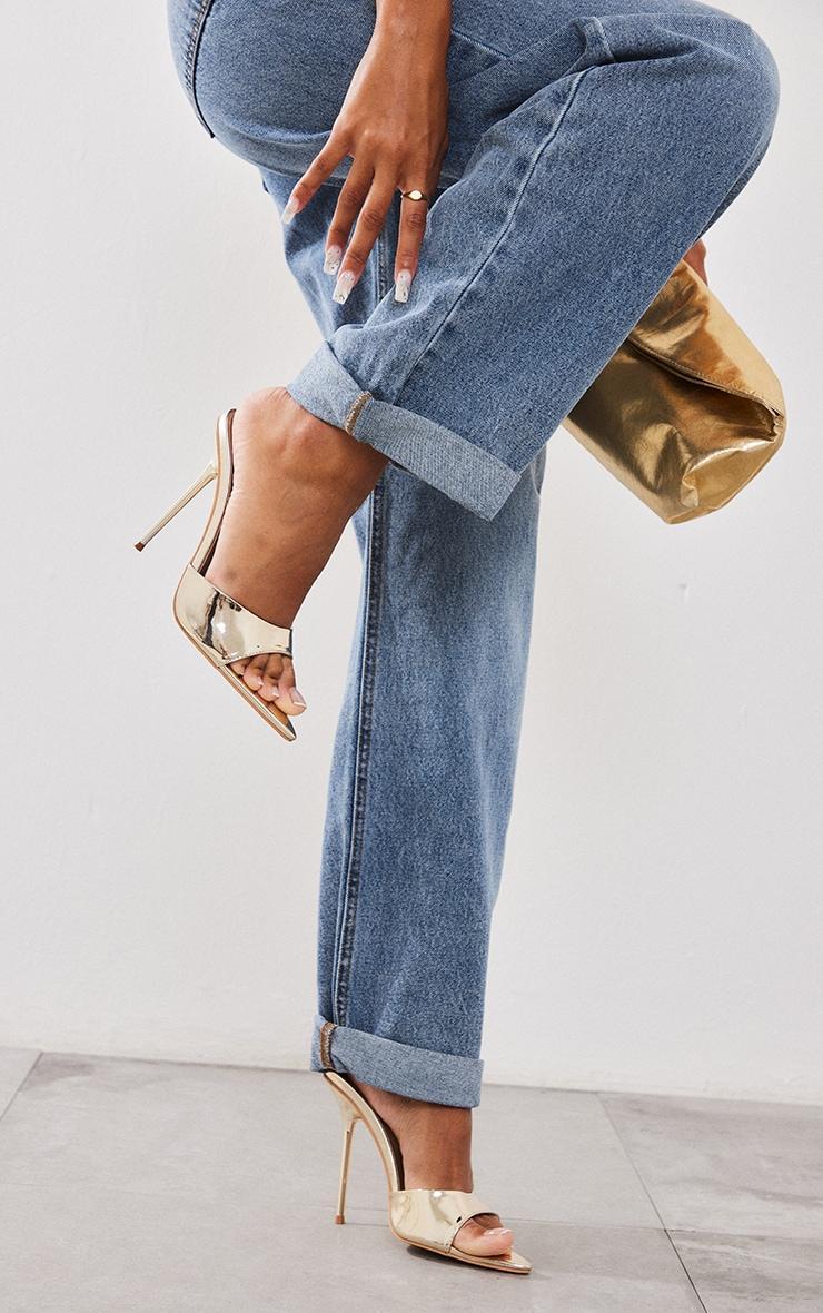 Gold Mirrored Point Toe High Stiletto Heeled Mules Product Image
