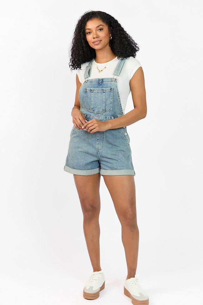 Common Ground Medium Wash Relaxed Fit Cuffed Overalls Product Image