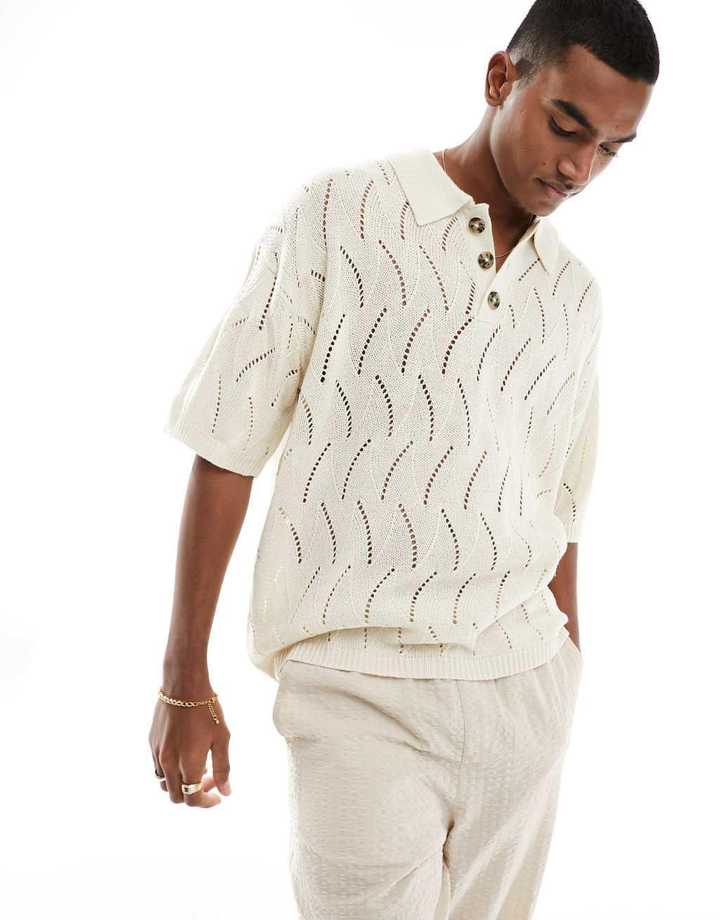 ASOS DESIGN oversized knitted pointelle polo in stone Product Image
