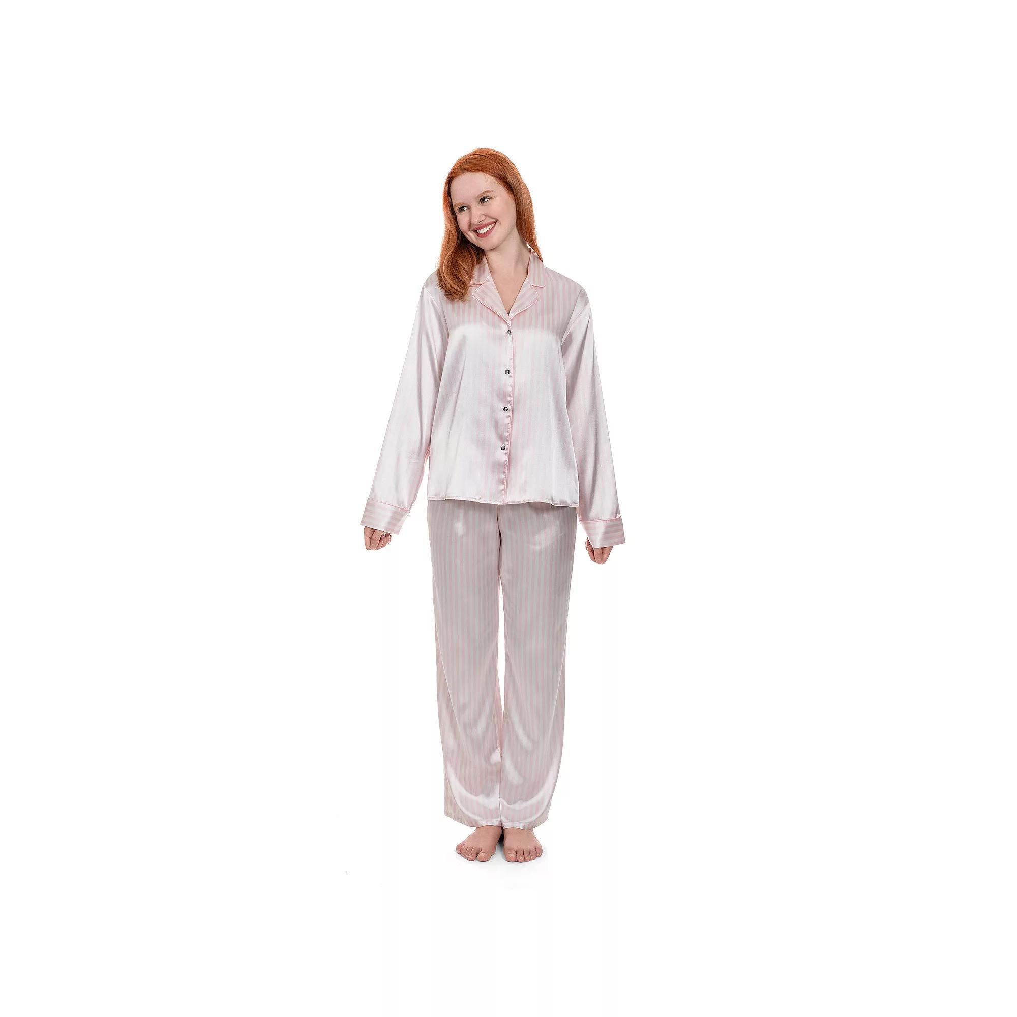 Women's Lilac+London Notch Collar Satin Pajama Top & Pajama Bottom Set, Size: XL, Ivory Pink Product Image