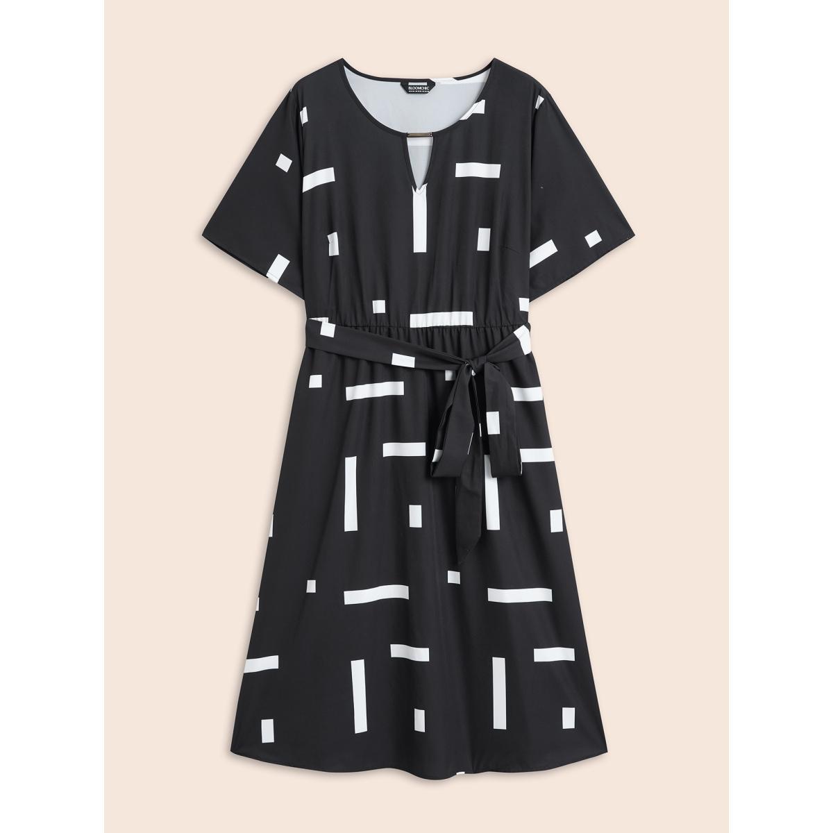 Plus Size Geometric Print Keyhole Pocket Midi Dress Black Women At the Office Belted Round Neck Short sleeve Curvy BloomChic 26/4X Product Image