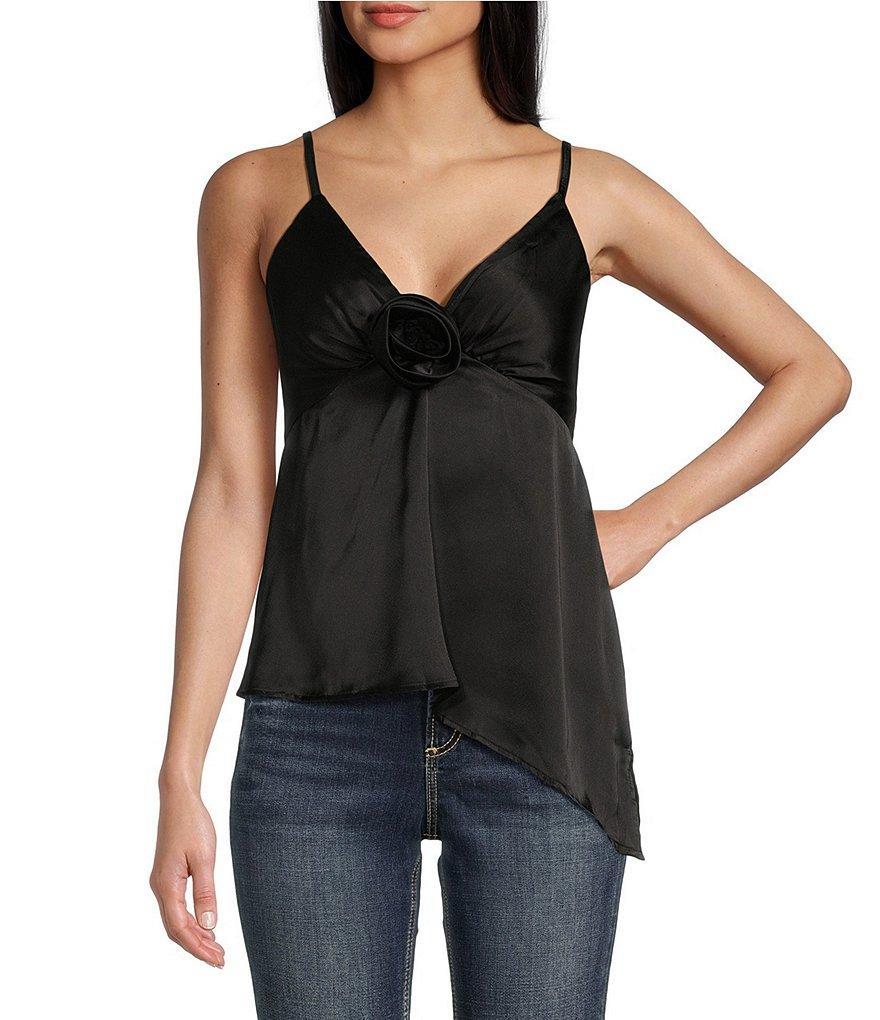 Angie Sleeveless Satin Rosette Trim Tank Top Product Image
