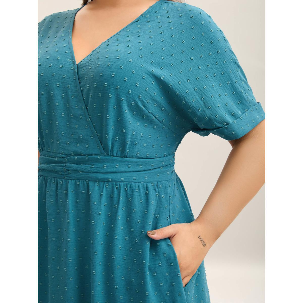 Plus Size Textured Stretchy Pleated Waist Midi Dress Aegean Women Overlap Collar Short sleeve Curvy BloomChic 28/5X Product Image