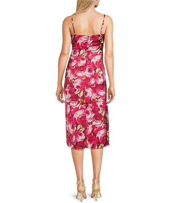 I.N. San Francisco Satin Floral Print V-Neck Side Slit Slip Midi Dress Product Image