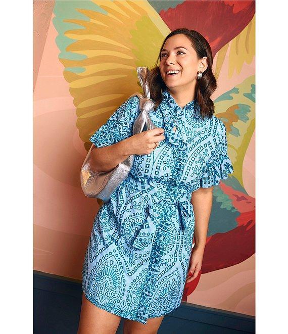 Abbey Glass Katie Button Down Collar Short Sleeve Eyelet Mini Shirt Dress Product Image
