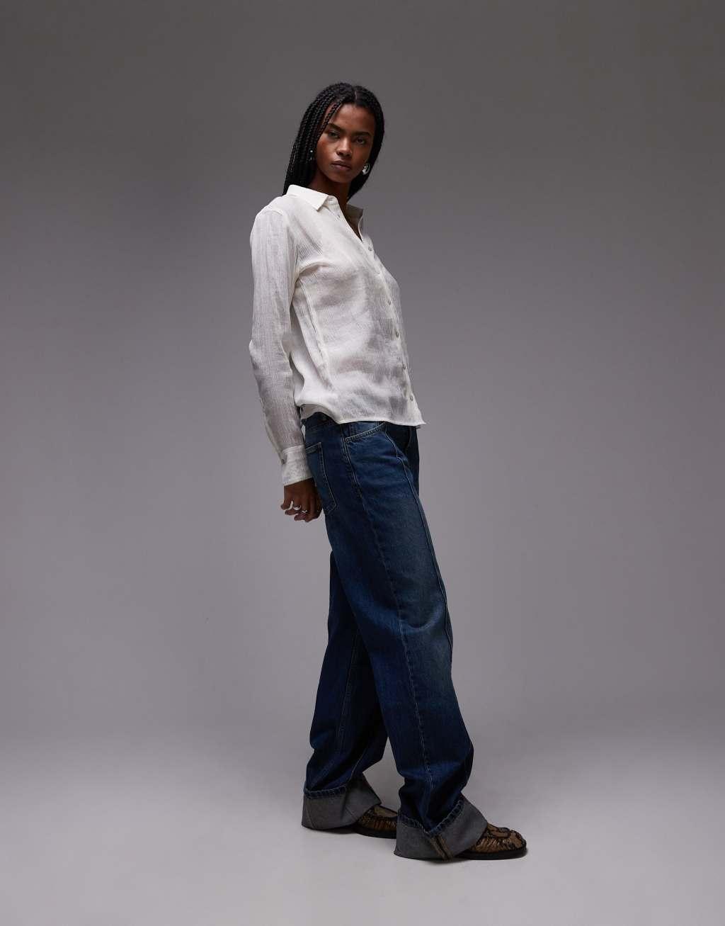 Topshop linear textured shirt in ivory Product Image