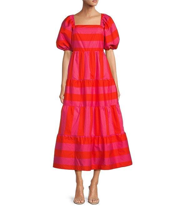 Sugarlips Azalea Poplin Stripe Print Square Neck Short Sleeve Maxi Dress Product Image