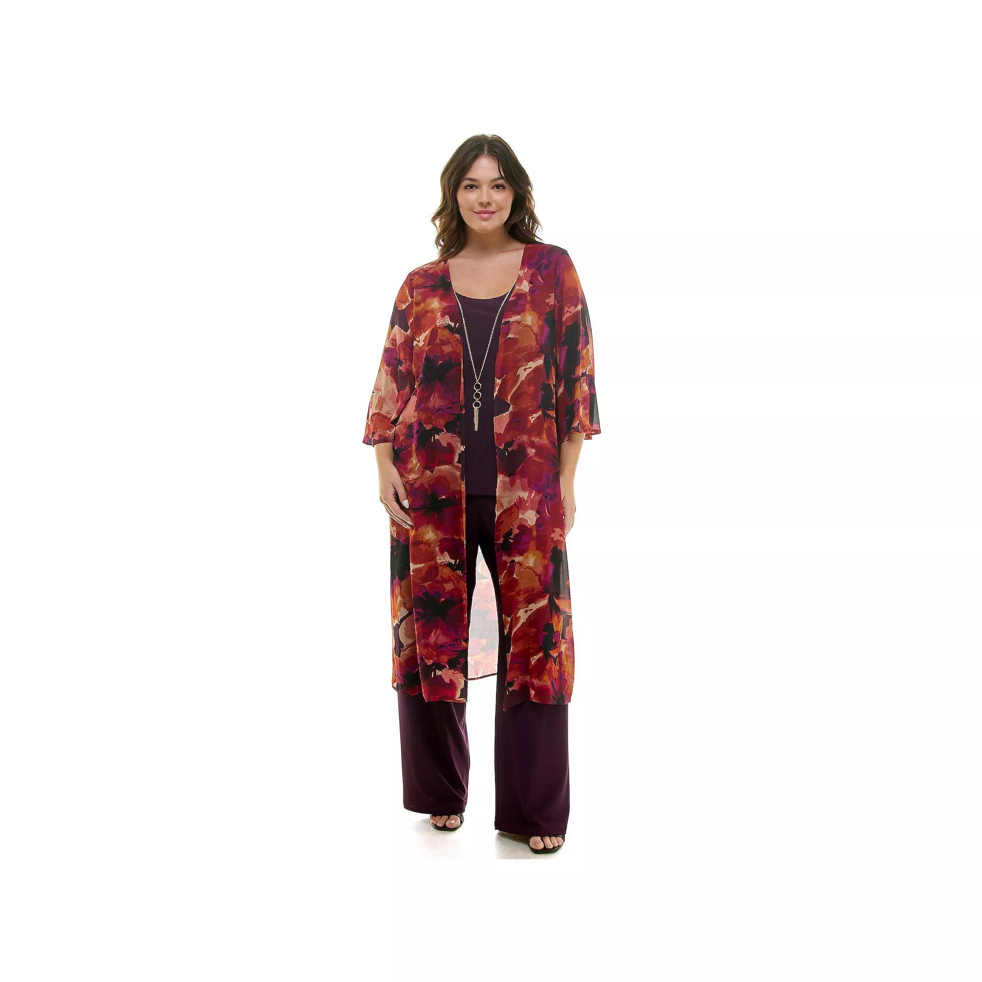 Plus Size Luxology 3-Piece Long Cardigan, Tank Top & Pants Set, Women's, Size: 2XL, Eggplant Purple Rust Product Image