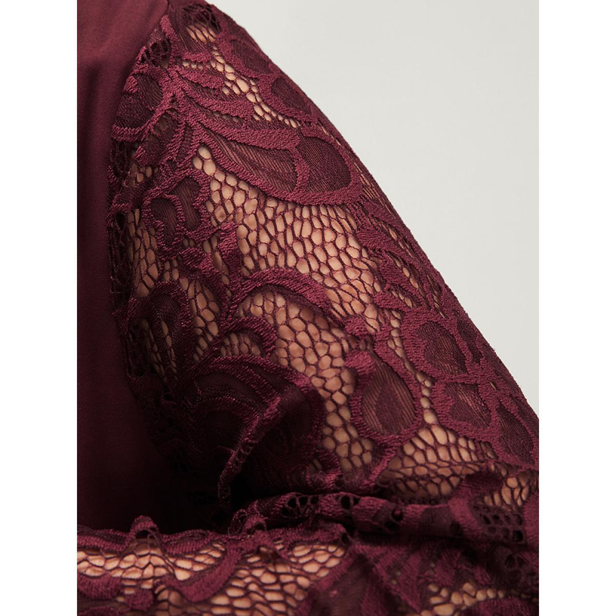 Plus Size Solid Wrap Pocket Lantern Sleeve Lace Belted Maxi Dress Burgundy Women Elegant V-neck Long Sleeve Curvy Long Dress BloomChic 10/M Product Image