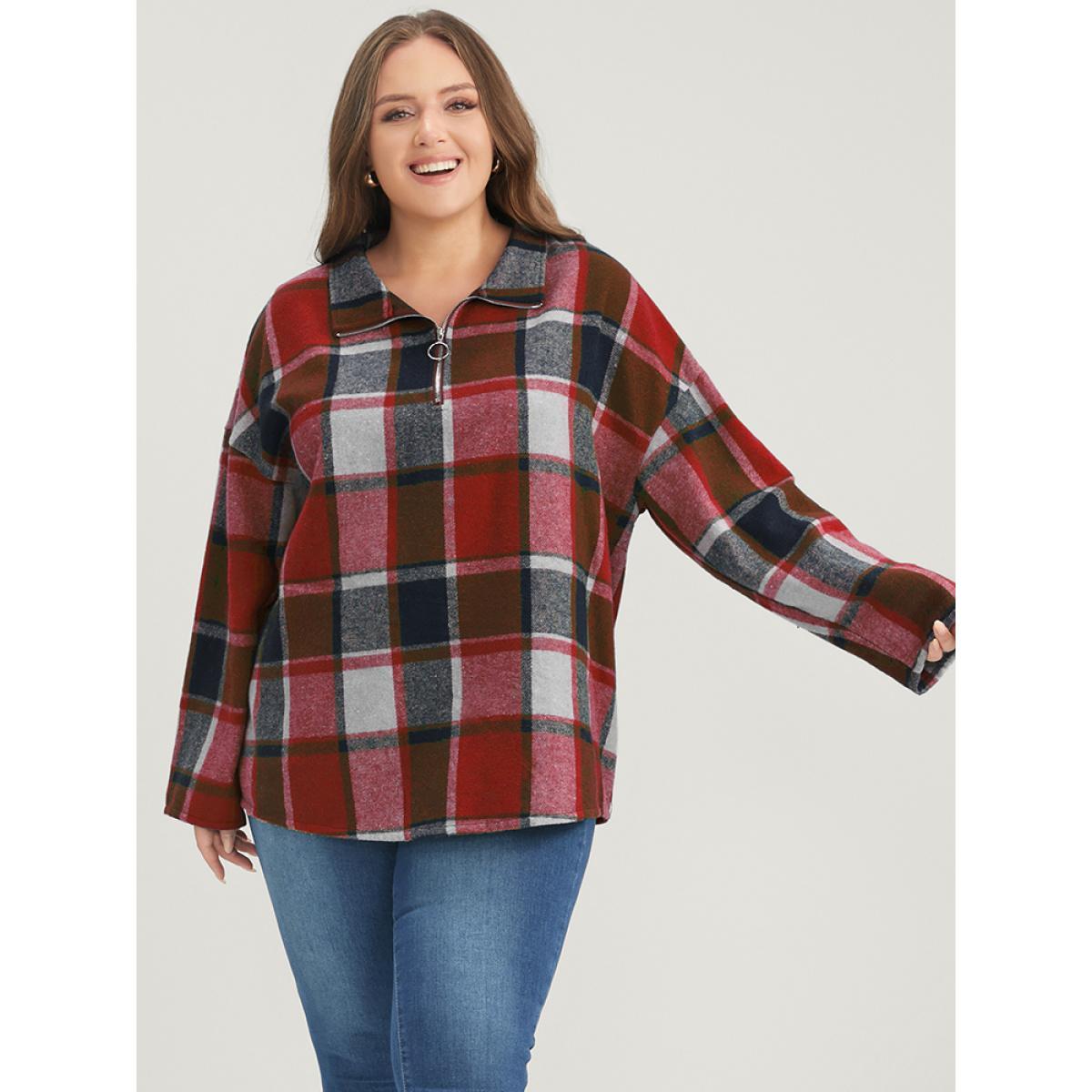 Plus Size Plaid Drop Shoulder O Ring Zip Sweatshirt Women Red Casual Zipper Lapel Collar Dailywear Sweatshirts BloomChic 22-24/3X Product Image