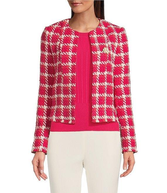 KARL LAGERFELD PARIS Tweed Floral Embellished Round Neck Long Sleeve Open Jacket Product Image