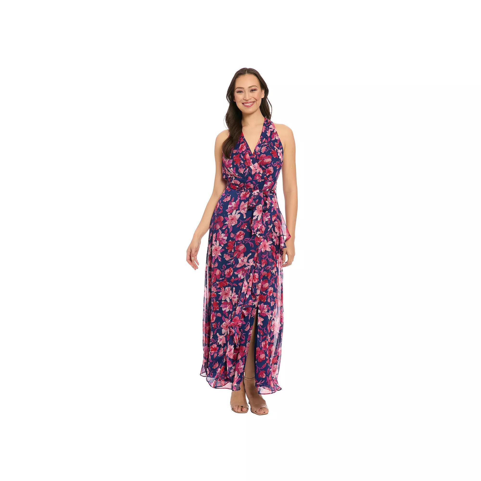 Women's London Times Floral Watercolor Halter Neck Ruffly Slit Hem Maxi Dress, Size: 6, Blue Pink Product Image