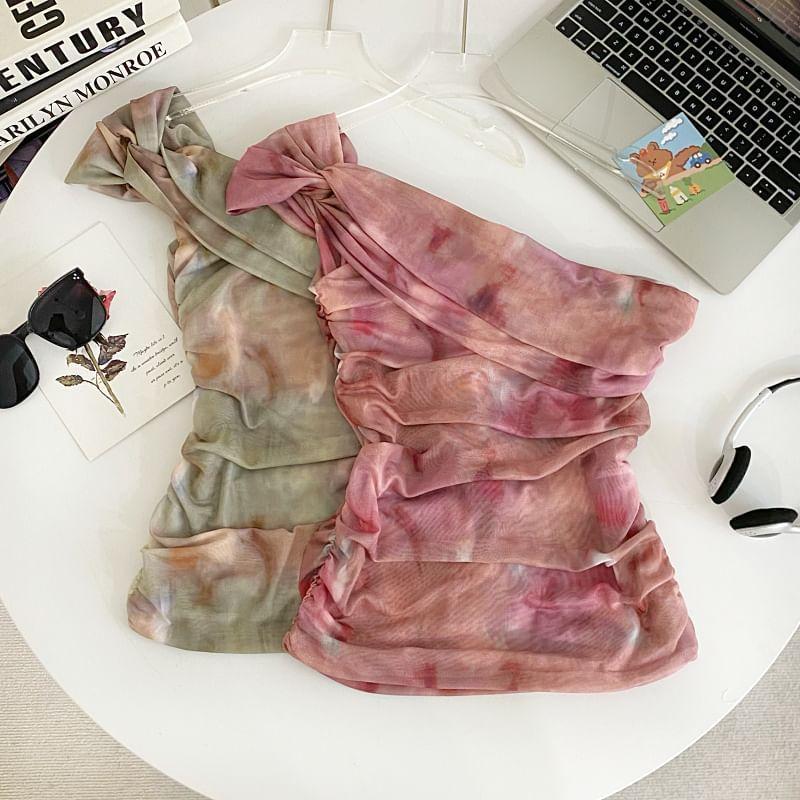 Sleeveless One Shoulder Tie Dye Ruched Tie Front Crop Top Product Image