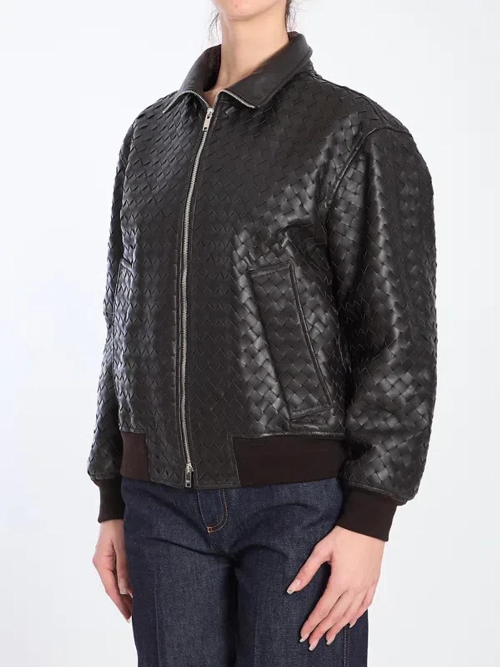 BOTTEGA VENETA Intreccio Motif Bomber Jacket In Brown Product Image