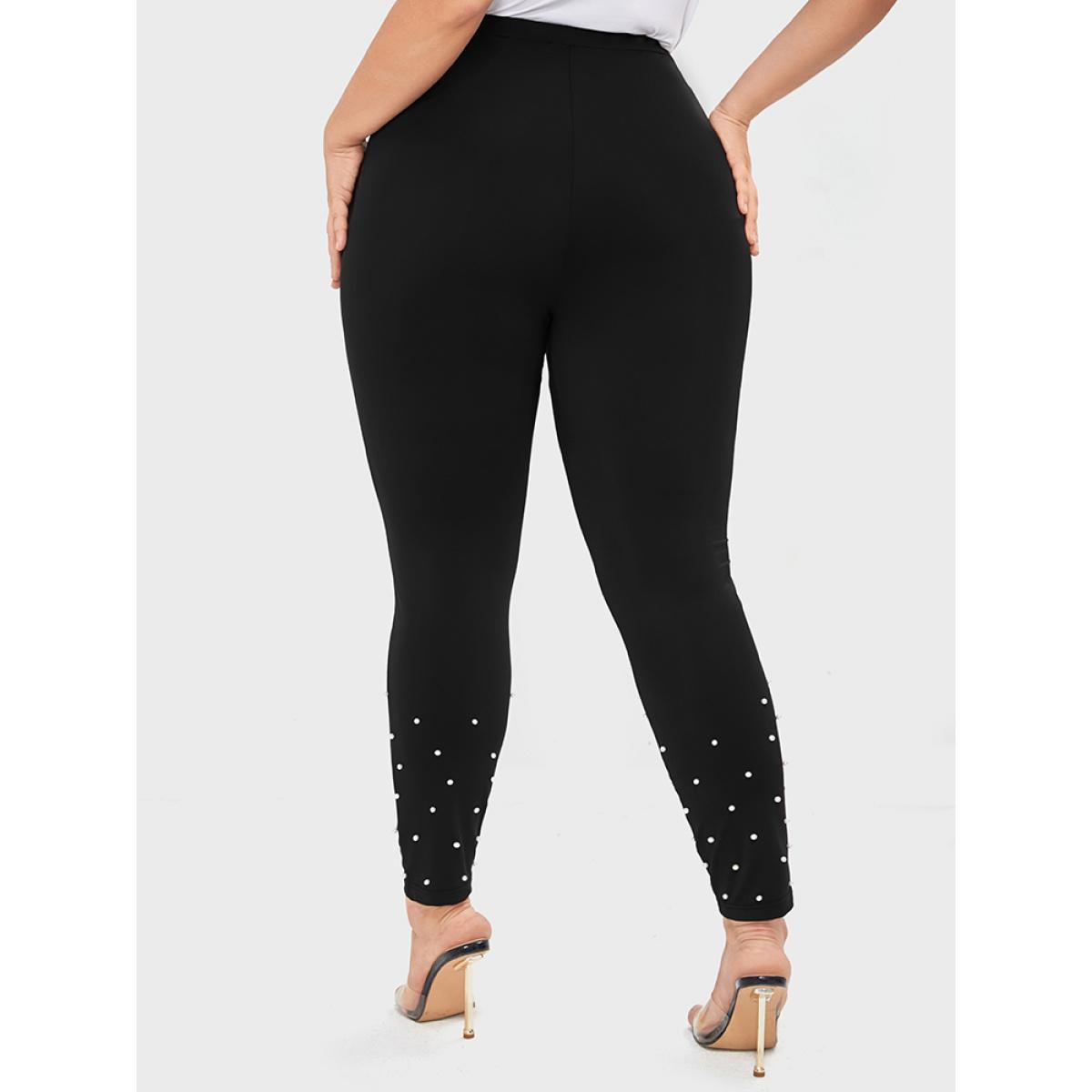 Plus Size Solid Pocket Beaded Hem Leggings Women Black Party Low stretch Skinny High Rise Going out Leggings BloomChic 30/6X Product Image