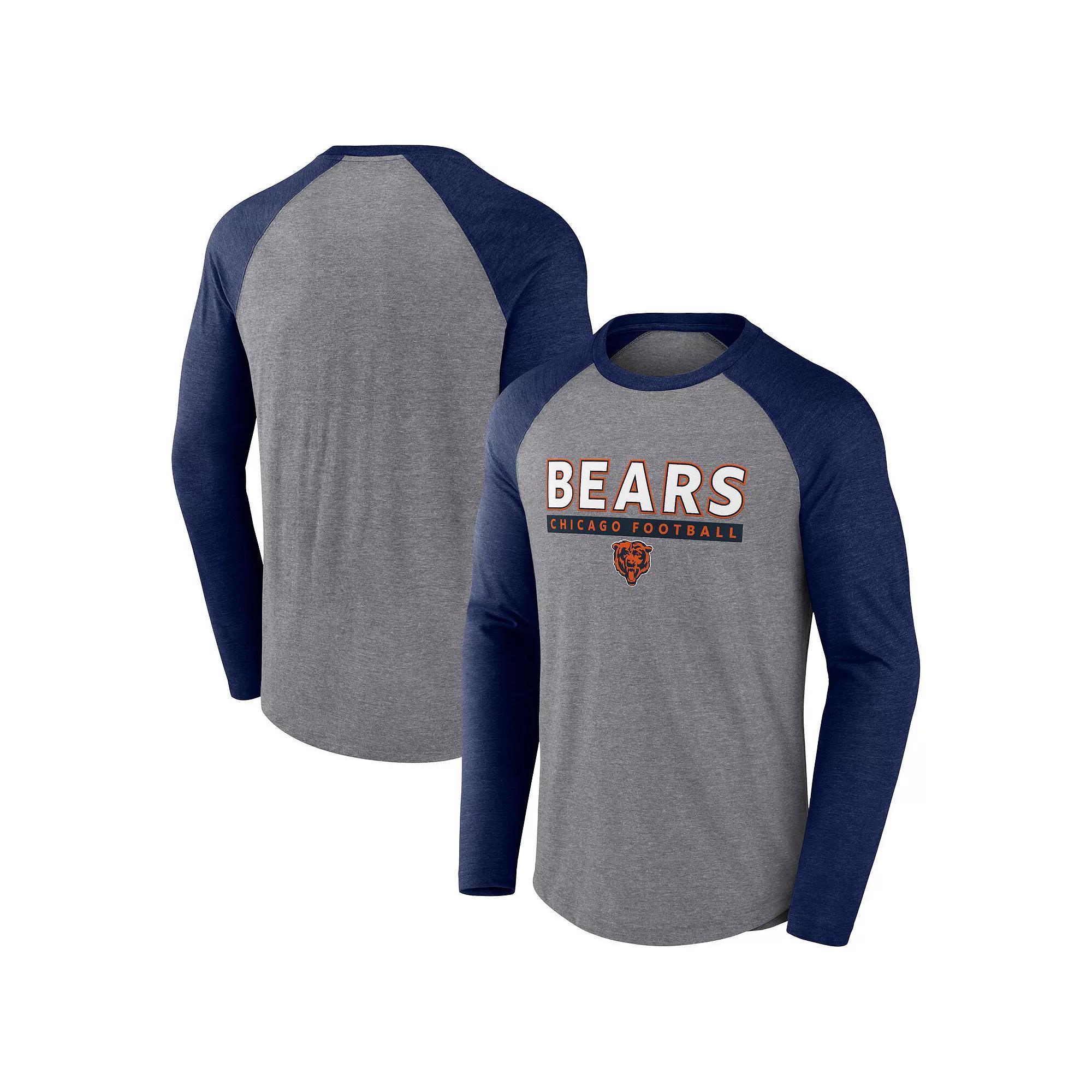 Men's Fanatics Heather Gray/Navy Chicago Bears Tri-Blend Raglan Long Sleeve T-Shirt, Size: Small, Grey Product Image