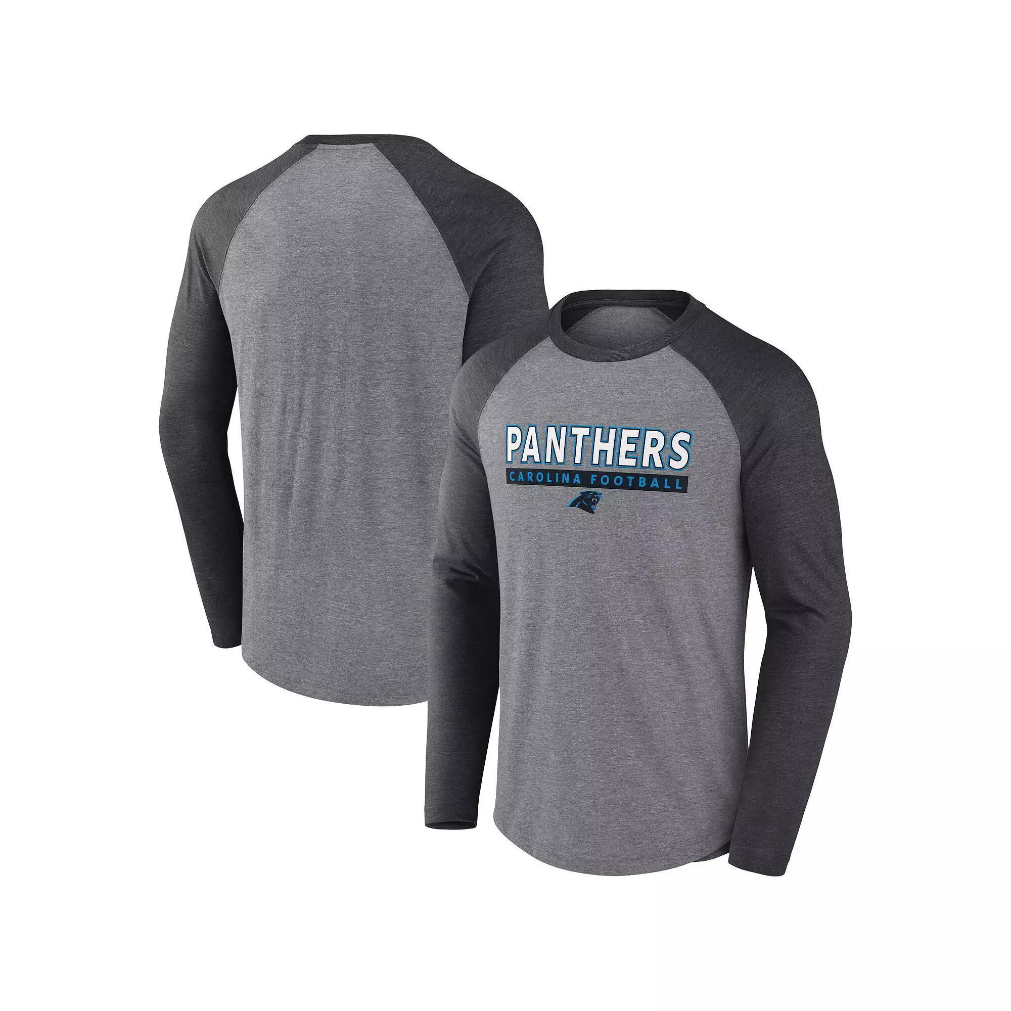 Men's Fanatics Heather Gray/Charcoal Carolina Panthers Tri-Blend Raglan Long Sleeve T-Shirt, Size: 2XL, Grey Product Image