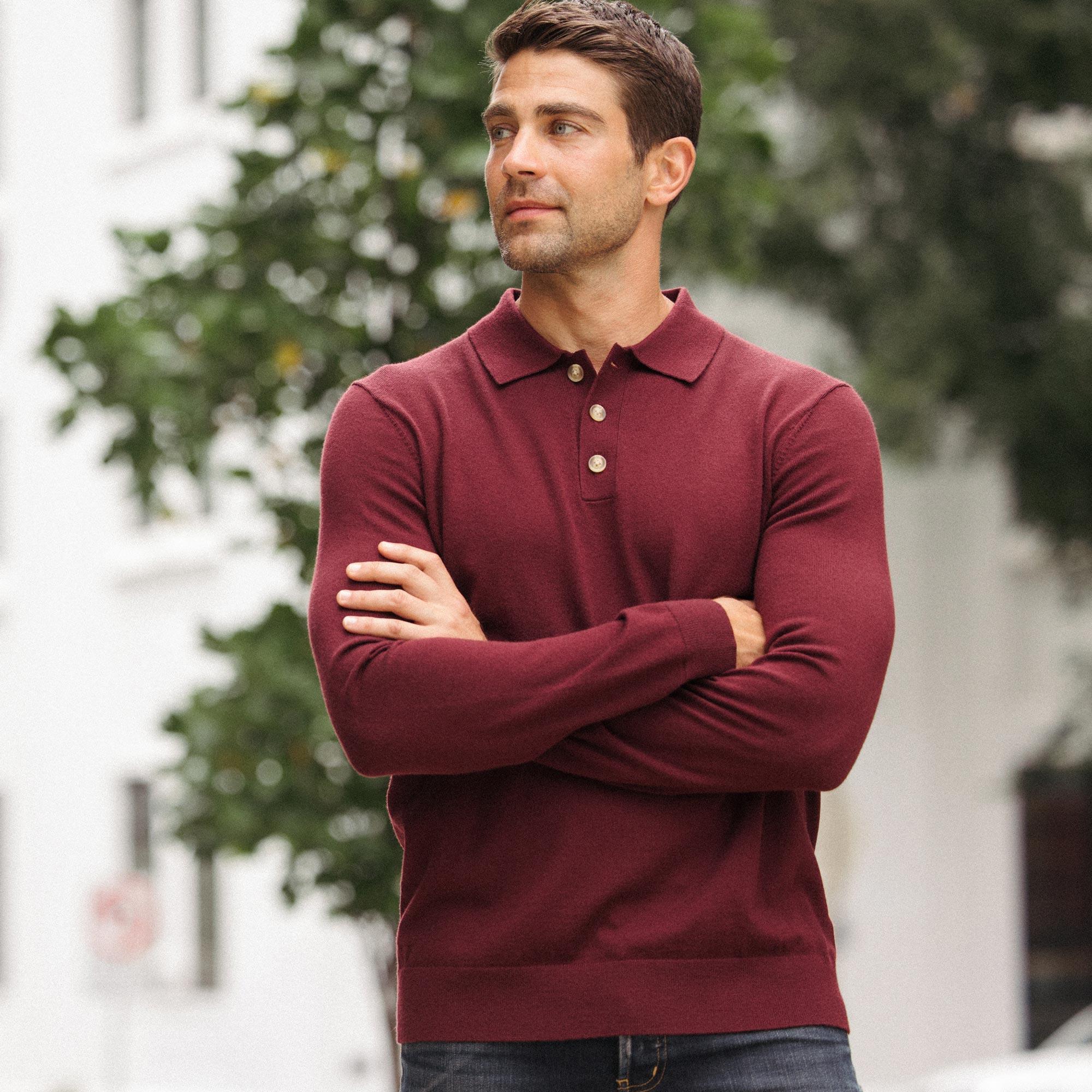 Merino Wool Long Sleeve Polo | Burgundy Product Image