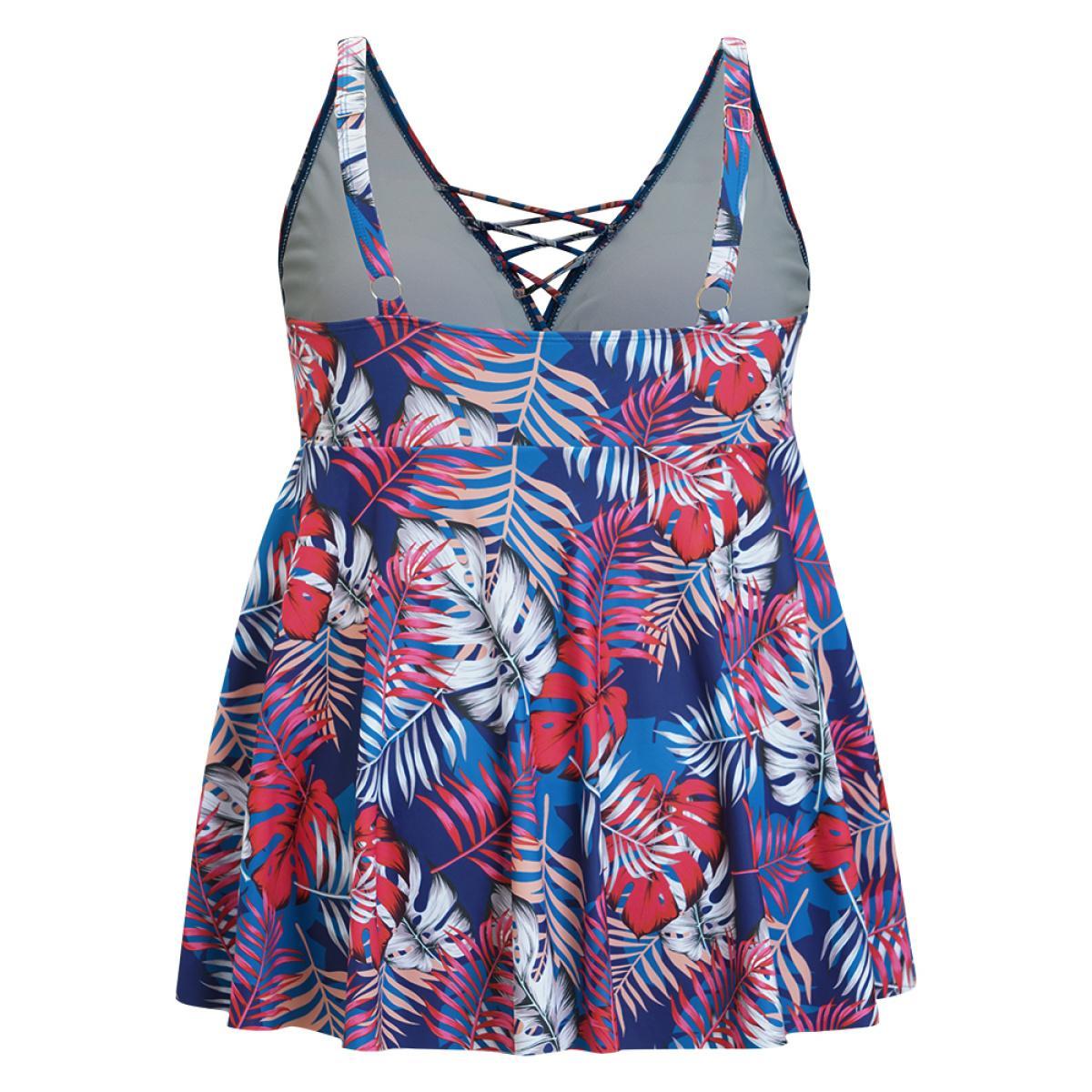 Plus Size Tropical Print Wrap Ruffles Crisscross Swim Dress Women's Swimwear Indigo Vacation Bodycon V-neck High stretch Curve Swim Dresses BloomChic 12/L Product Image
