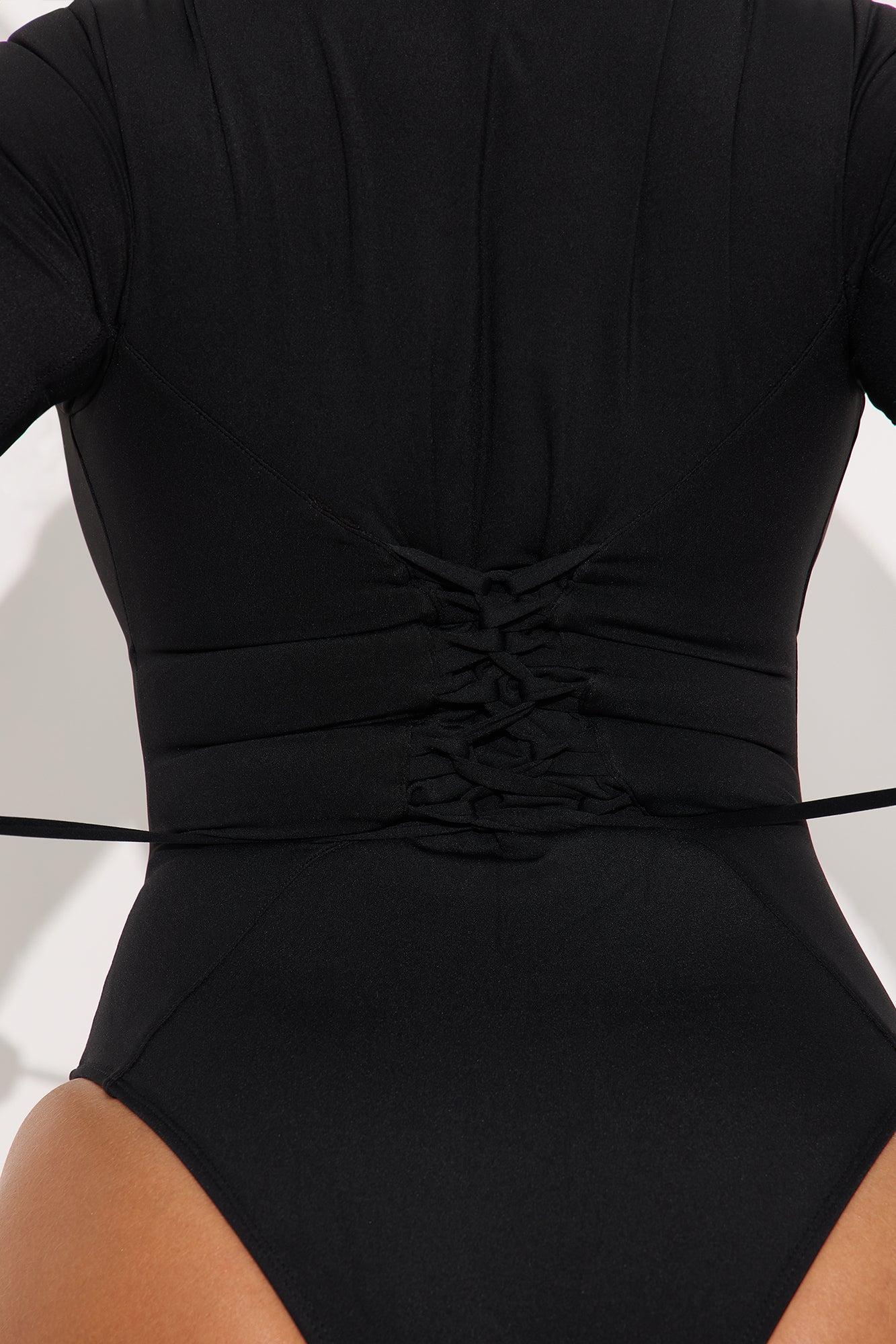 Delvina Snatched Sculpting Lace Up Long Sleeve 1 Piece Swimsuit Rashguard - Black Product Image