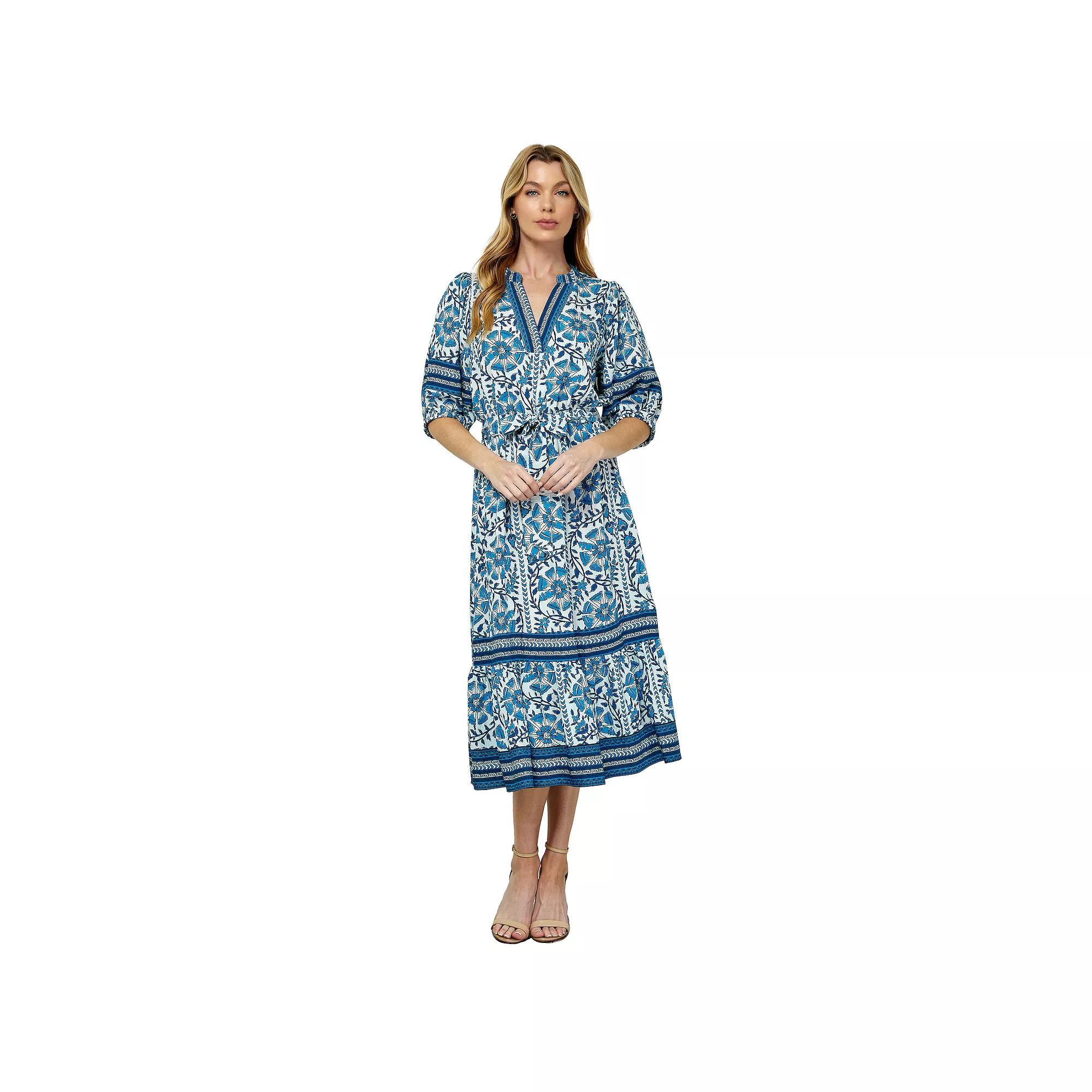 Women's Figueroa & Flower Printed Fit & Flare V-Neck Peasant Dress, Size: Medium, Blue White Product Image