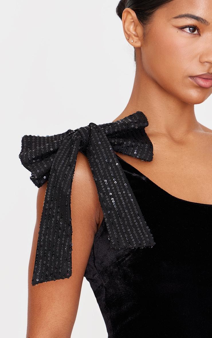 Black Asymmetric Velvet Sequin Bow Detail Long Top Product Image