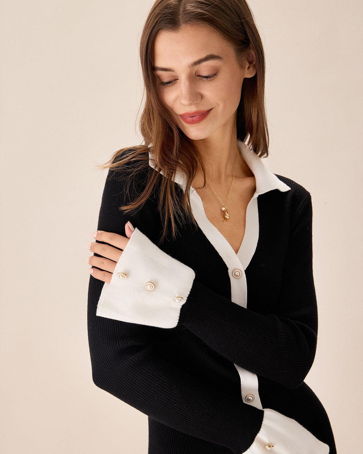 Black Contrasting Bell Sleeve Sweater Dress Product Image
