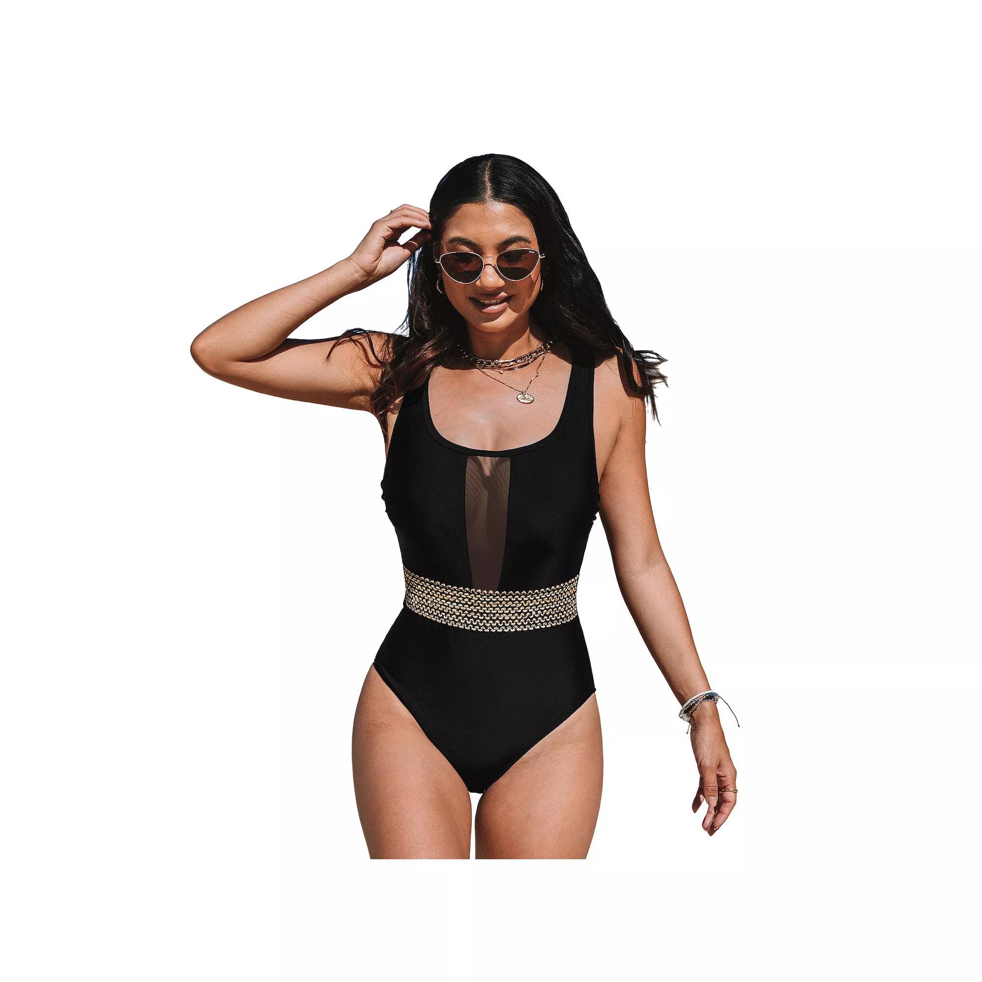 Women's Cupshe Shimmer Waist Tummy Control Mesh Plunge One-Piece Swimsuit, Size: Medium, Black Product Image