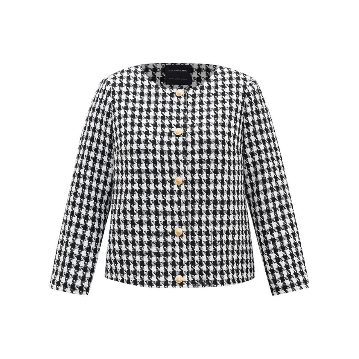 Plus Size Houndstooth Button Through Blazer Women Black Casual Texture Ladies Dailywear Winter Coats BloomChic 12/L Product Image
