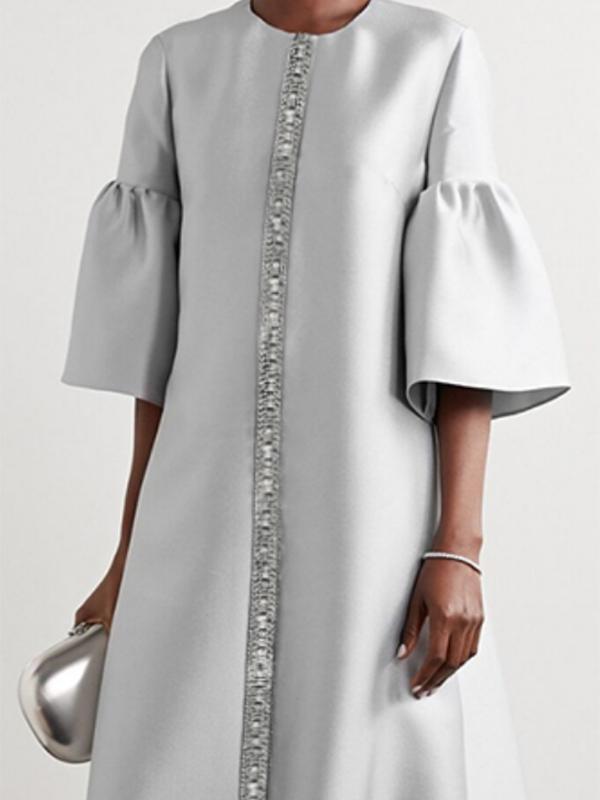 Flared Sleeves Half Sleeves Shiny Solid Color Round-Neck Midi Dresses Product Image