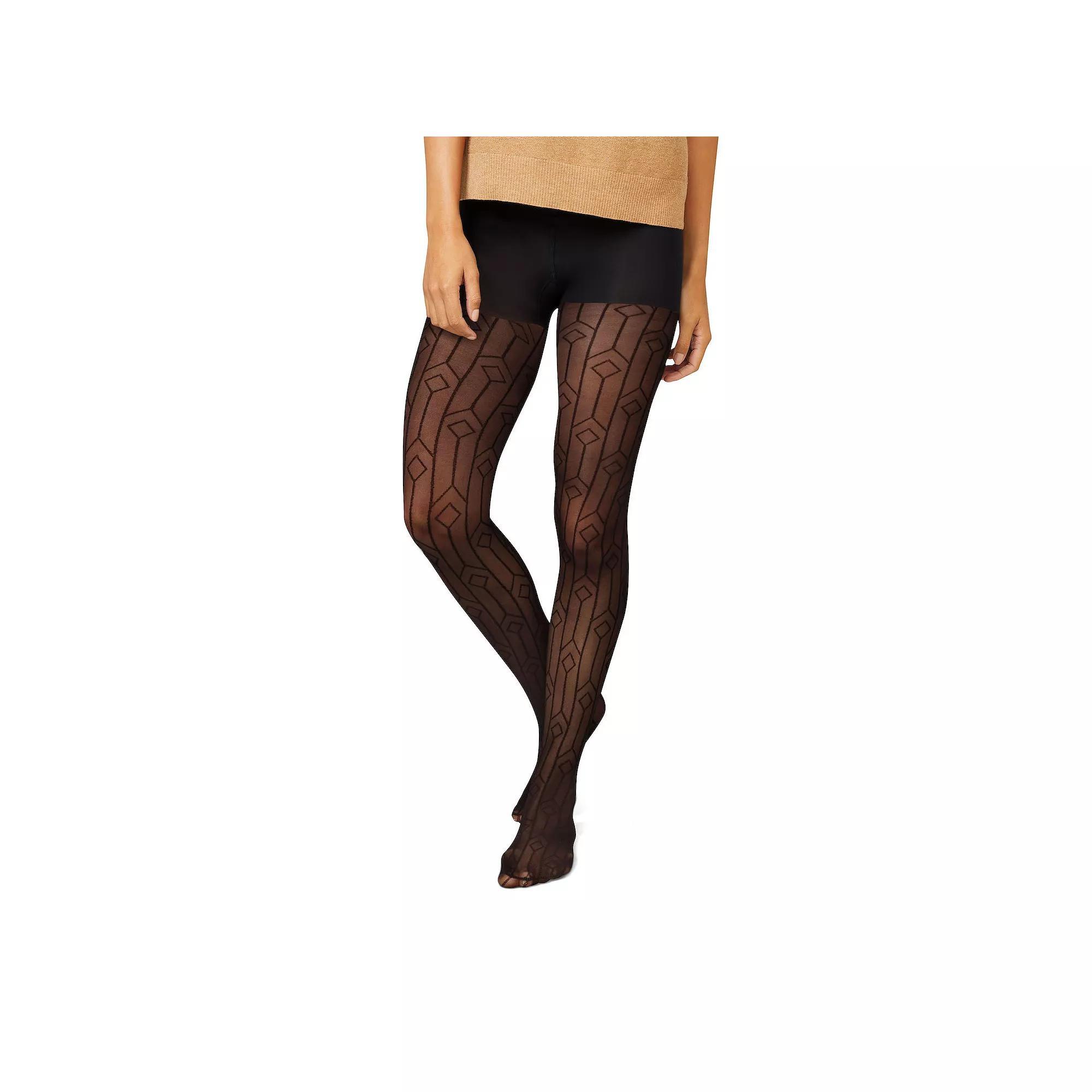 Hanes Women's High Waisted Diamond Outline Semi-Opaque Tights - Black S: Control Top, Knit Hosiery Size Product Image