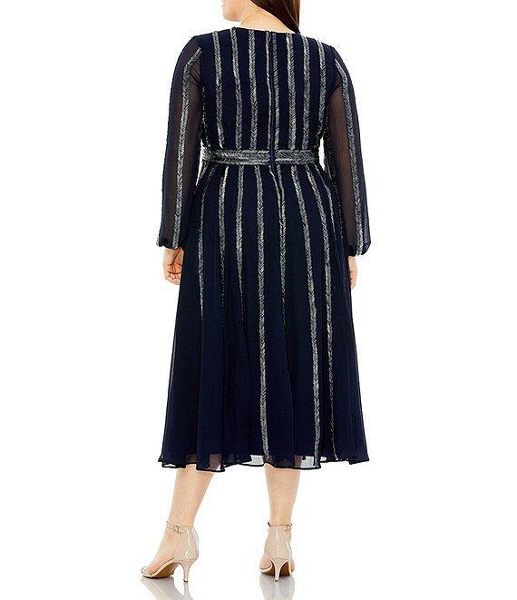 Mac Duggal Plus Size Long Sheer Sleeve Crew Neck Beaded Dress Product Image