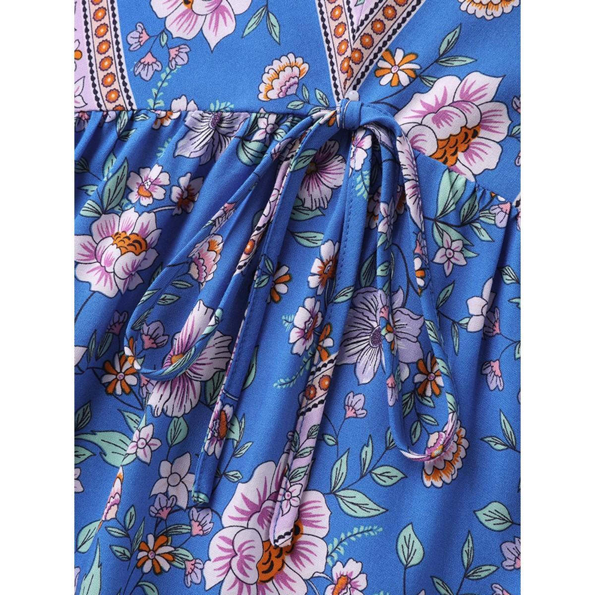 Plus Size Skyblue Asymmetrical Floral Print V-Neck Blouse Women Short sleeve V-neck Vacation Blouses BloomChic 28/5X Product Image