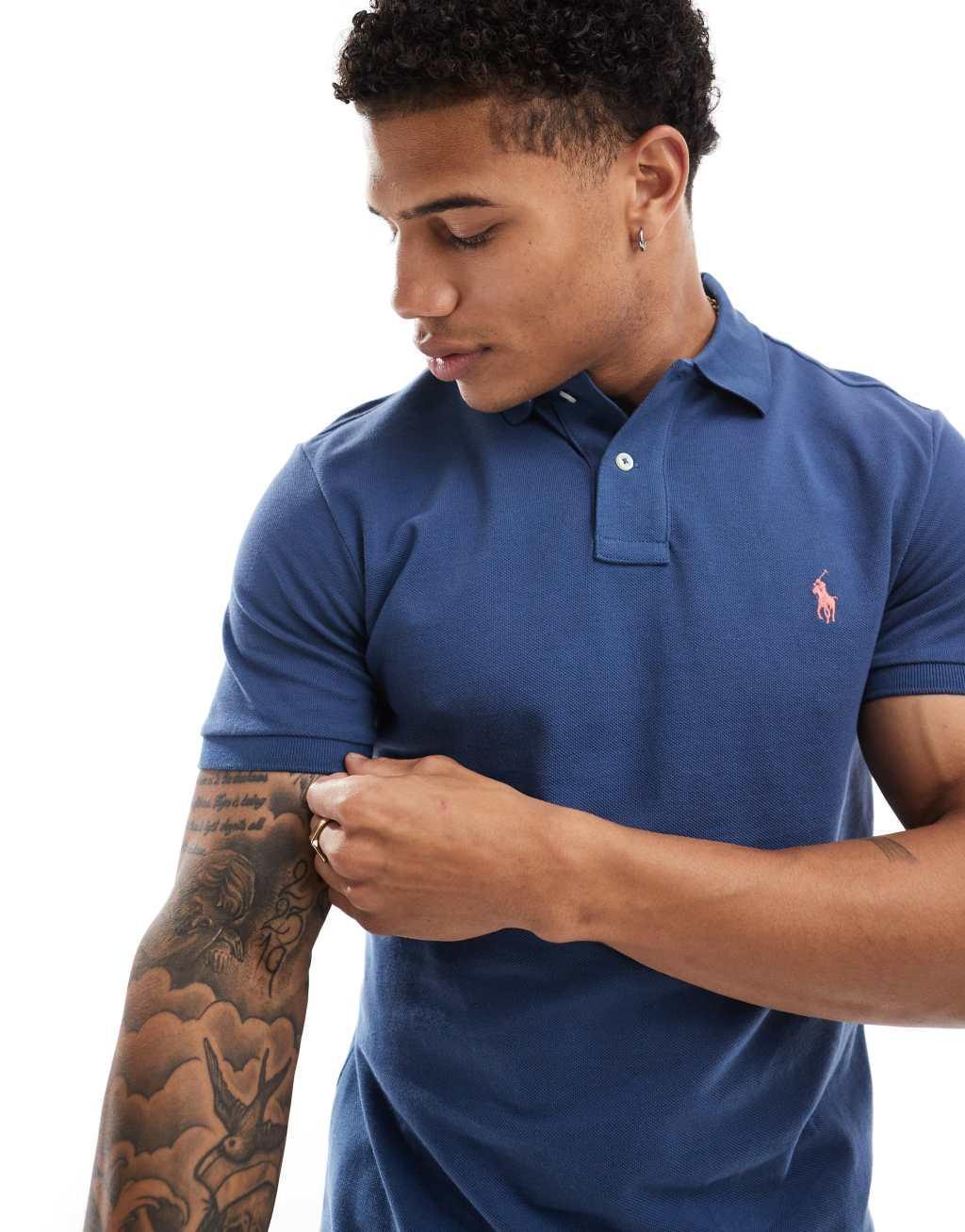 Polo Ralph Lauren icon logo slim fit pique polo in mid blue Product Image