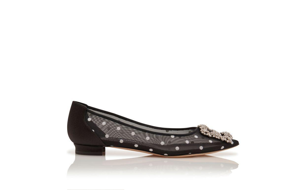 HANGISIFLAT Black and White Mesh Jewel Buckle Flat Pumps Product Image