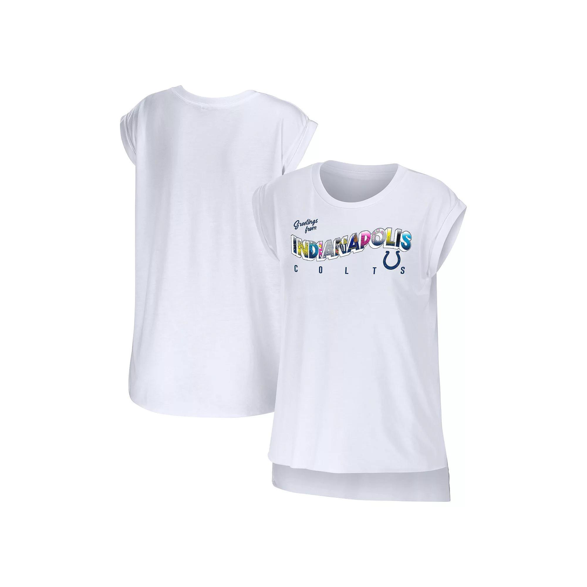 Women's WEAR by Erin Andrews White Indianapolis Colts Greetings From Muscle T-Shirt, Size: XS Product Image