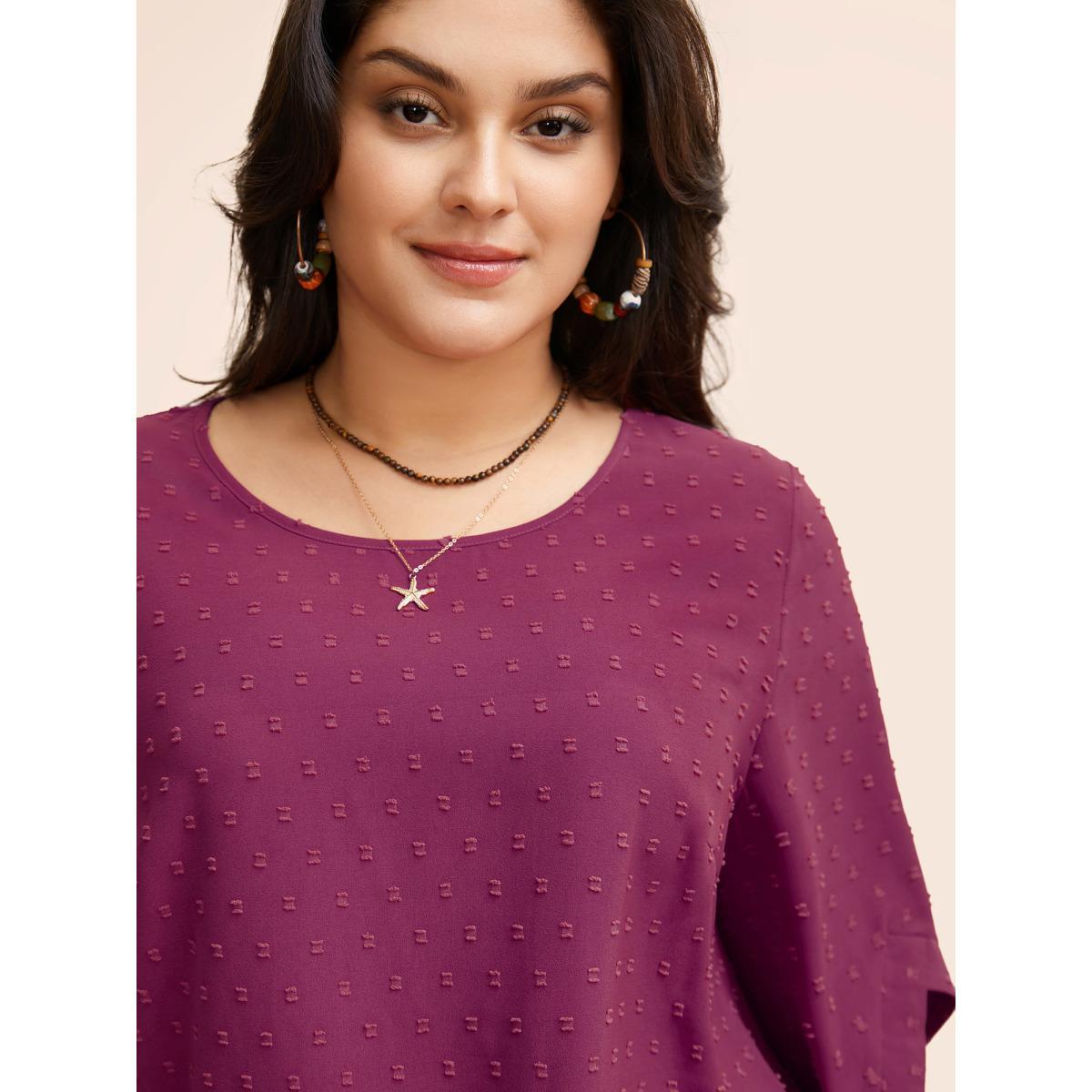 Plus Size RedViolet Textured Round Neck Bell Sleeve Blouse Women Elegant Elbow-length sleeve Round Neck Everyday Blouses BloomChic 26/4X Product Image