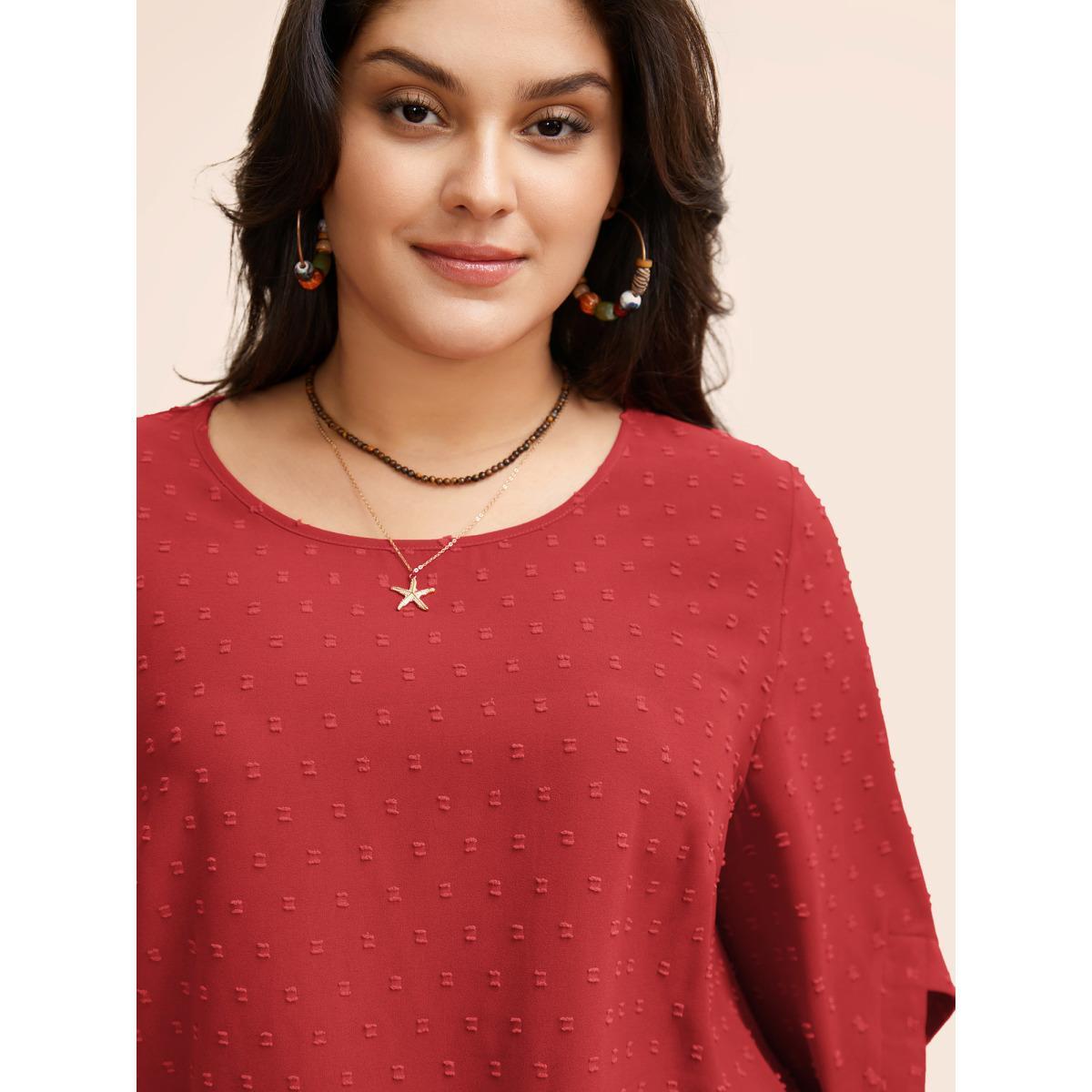 Plus Size Crimson Textured Round Neck Bell Sleeve Blouse Women Elegant Elbow-length sleeve Round Neck Everyday Blouses BloomChic 14-16/1X Product Image